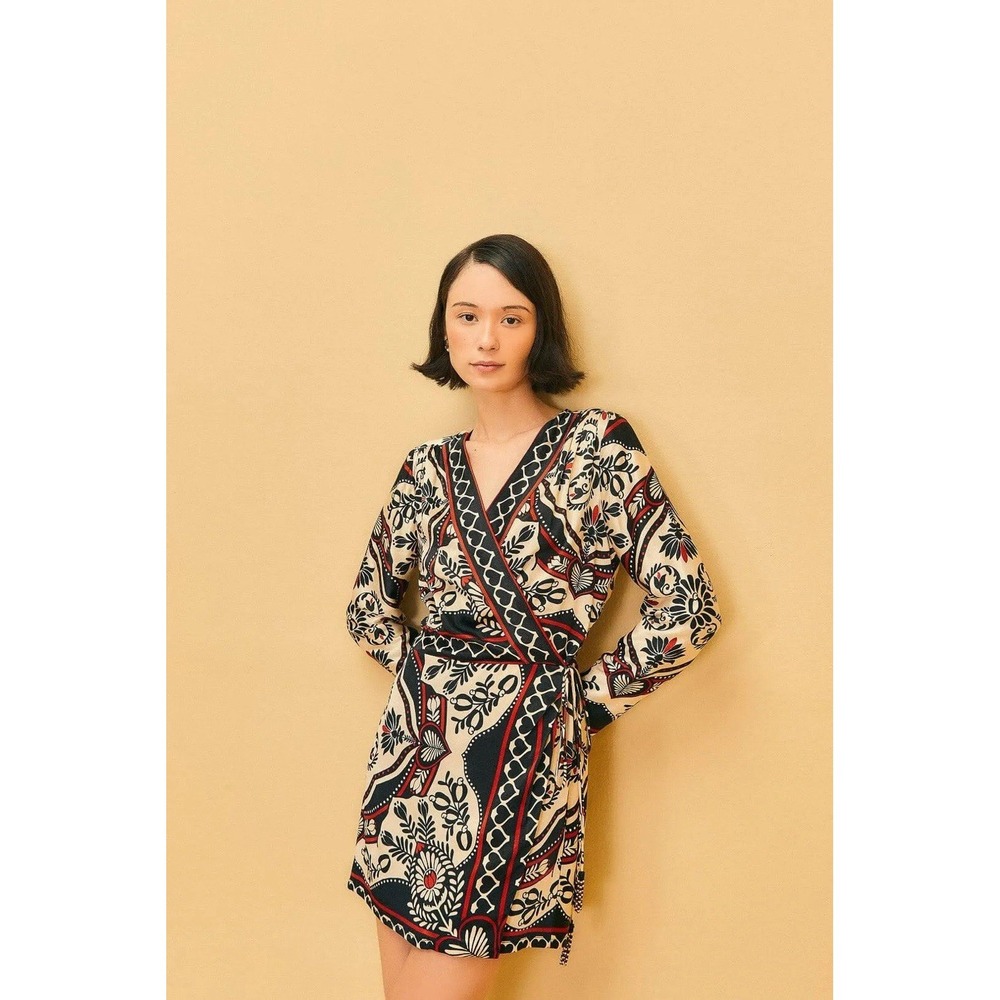FARM RIO Passion Scarf Wrap Mini Dress Women's Size XS  Black Printed